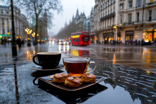 A cozy caf&Atilde;&copy; in London with people enjoying tea and pastries by the window on a rainy day