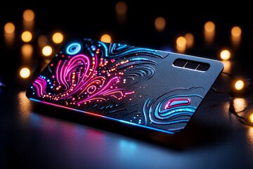 A cyberpunk-style keycard with digital patterns and vibrant colors, symbolizing modern technology and access