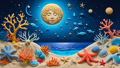 Fototapeta premium Under a bright moon, colorful coral formations and playful dolphins create a lively underwater scene at night