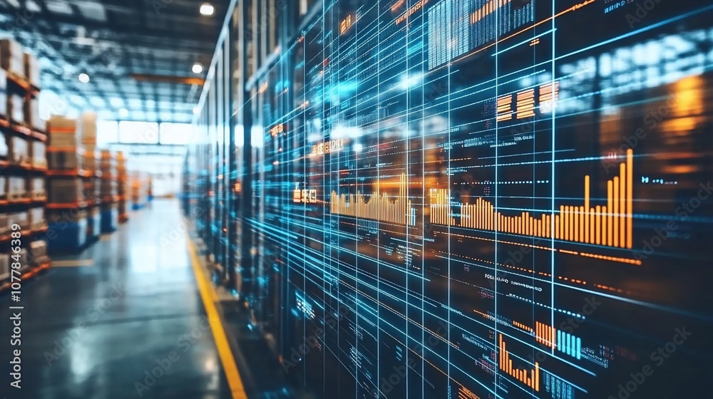 Poster Data analytics screen in a warehouse with rows of shelves in the background.