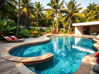 Obraz premium Large modern unique swimming pool in an elegant garden with lounge chairs surrounded by lush greenery plants, interior building decoration design