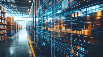 Data analytics screen in a warehouse with rows of shelves in the background.