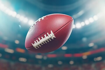 A close-up of an American football in mid-air, with a blurry stadium and crowd in the background.