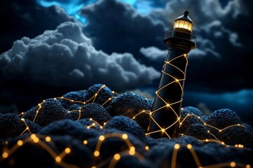 A geometric outline of a lighthouse and beam, creating a modern minimalist look