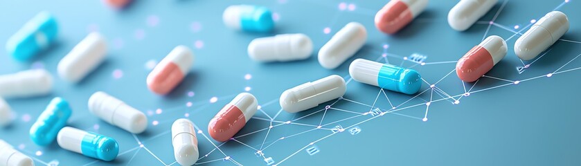 Colorful capsules scattered on a blue background, intersected by digital lines, suggesting a connection to healthcare or pharmaceuticals.