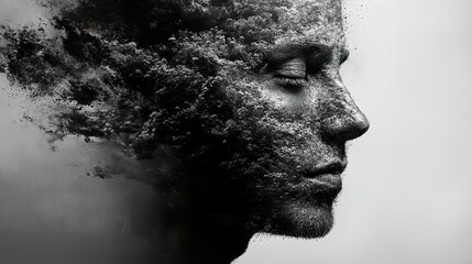 Disintegration of the Self: A Surreal Abstract Portrait in Black and White