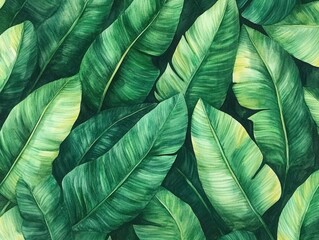 Obraz premium Lush Green Tropical Leaves Texture Providing a Stunning Natural Background for Design, Decor, and Artistic Projects Encompassing Various Shades of Green Freshness