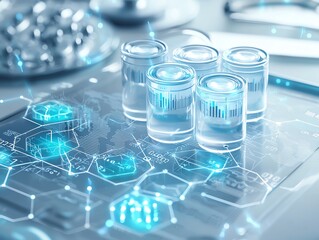 A modern lab scene featuring glass vials illuminated with digital data elements, symbolizing advanced research and technology in science.