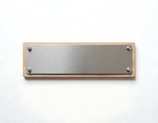 Blank metal name badge with wooden frame isolated on white background