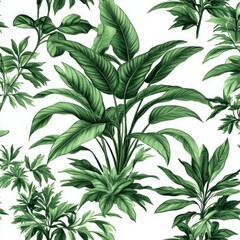 Obraz premium Lush Green Tropical Leaves Pattern Ideal for Botanical Designs, Home Decor, Fabric Printing, and Eco-Friendly Projects Showcasing Nature's Beauty and Vibrancy