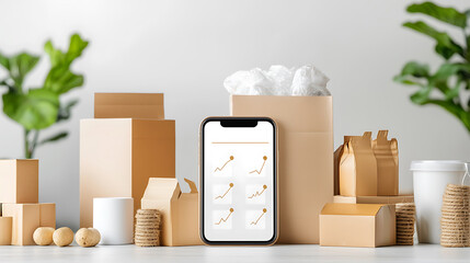 mobile device displaying stock replenishment data surrounded by packaging. scene conveys organization and efficiency in inventory management