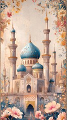 A Grand Mosque with Blue Domes Amidst Blooming Flowers