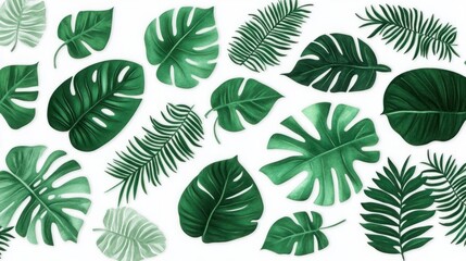Fototapeta premium Lush Green Tropical Leaves Pattern Featuring Varied Shapes and Textures Creating a Fresh and Vibrant Background for Nature Inspired Designs and Decor