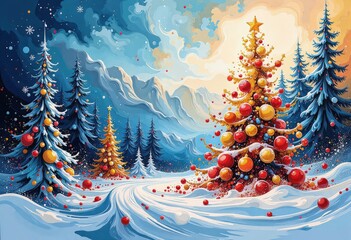Abstract Christmas Card: Vibrant Winter Night Scene with Stylized Trees and Snowflakes in Blue and Gold. 抽象的クリスマスカード：青と金の鮮やかな冬の夜景、様式化された木と雪の結晶のモダンデザイン。