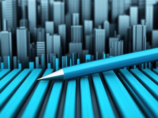 Obraz premium Close-Up of a Blue Pen Resting on a Series of Striped Lines with a Vibrant Cityscape in the Background Featuring Varying Heights and Textures