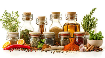 A colorful assortment of spices and herbs displayed in jars, alongside fresh ingredients, highlighting culinary diversity and flavors.
