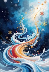 Abstract Christmas Card: Vibrant Winter Night Scene with Stylized Trees and Snowflakes in Blue and Gold. 抽象的クリスマスカード：青と金の鮮やかな冬の夜景、様式化された木と雪の結晶のモダンデザイン。