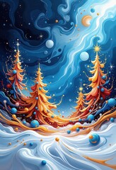 Abstract Christmas Card: Vibrant Winter Night Scene with Stylized Trees and Snowflakes in Blue and Gold. 抽象的クリスマスカード：青と金の鮮やかな冬の夜景、様式化された木と雪の結晶のモダンデザイン。
