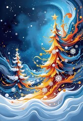 Abstract Christmas Card: Vibrant Winter Night Scene with Stylized Trees and Snowflakes in Blue and Gold. 抽象的クリスマスカード：青と金の鮮やかな冬の夜景、様式化された木と雪の結晶のモダンデザイン。
