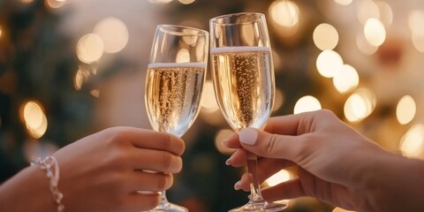 Close-up of hands holding champagne glasses with a sparkling background,space for text