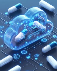 A digital cloud structure surrounded by capsules illustrates the intersection of technology and pharmaceuticals, emphasizing innovation in healthcare.