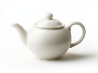 A smooth white porcelain teapot with a glossy finish, isolated on a white background