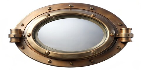 A circular, brass-framed porthole with a round, glass window and decorative rivets along the perimeter.