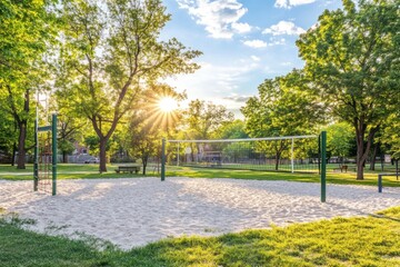 A sunny park scene featuring a sand volleyball court surrounded by trees.