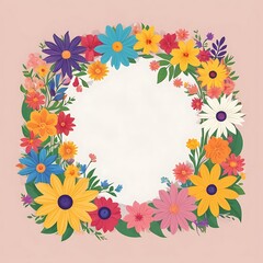 Obraz premium Colorful Floral Wreath with White Center on a Pink Background