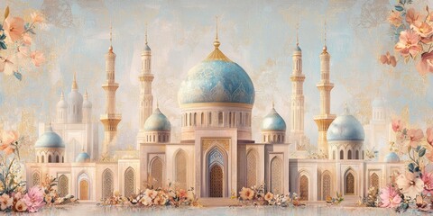 A mosque with blue domes and ornate arches framed by floral accents
