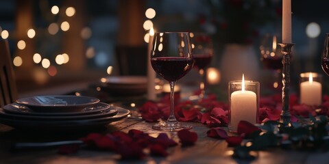 Candlelit Dinner Table with Wine and Rose Petals