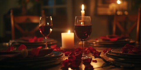 Candlelit Dinner Table with Wine and Rose Petals