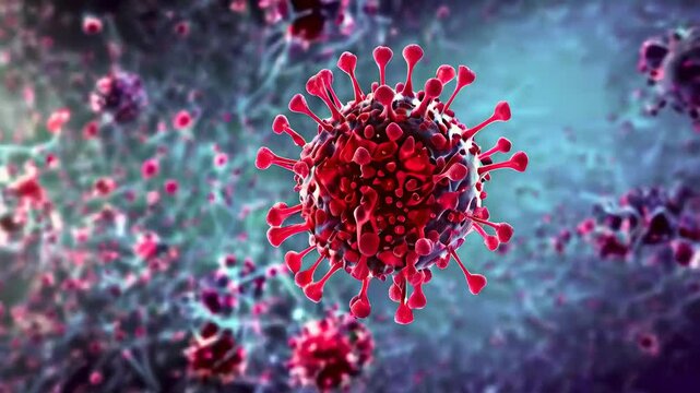 a virus invading a human cell, attaching to its surface and injecting genetic material inside.