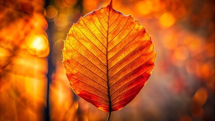 Obraz premium A single autumn leaf illuminated by warm sunlight, showcasing intricate veins and vibrant hues against a bokeh background.
