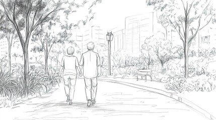 Creative abstract advertising background featuring a sketch of an elderly Asian couple walking in a park, symbolizing a joyful retirement vacation. This AI-generated wallpaper incorporates design elem