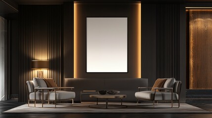 Modern living room interior with a blank poster frame on a dark wall, two armchairs and a sofa with a coffee table in front of them, and a stylish lamp.