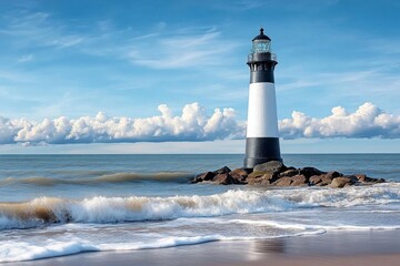 Obraz premium A soft watercolor painting of a lighthouse by the sea, with pastel colors and gentle waves