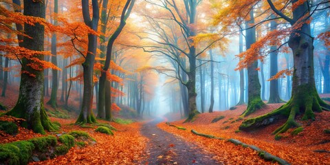 Fototapeta premium A Path Through the Misty Autumn Forest, Where Golden Leaves Blanket the Ground and Sunlight Filters Through the Canopy