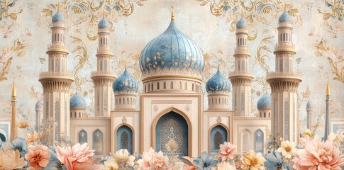 An ornate mosque with blue domes and intricate details surrounded by floral decor.