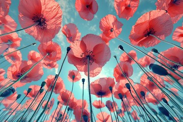 Photo of low angle wide field of view from ground level looking directly up to red Poppy flowers.