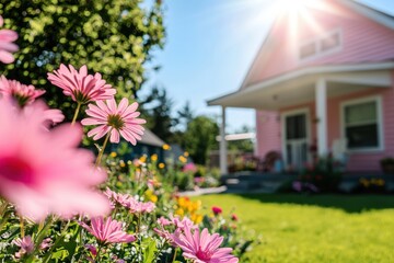 Photo open porch and gardens surround a small single family home on a Spring afternoon 