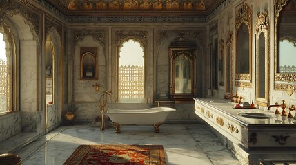 Obraz premium A luxurious Indian bathroom featuring marble floors, brass faucets, and ornate mirrors, blending elegance with traditional decoration elements 