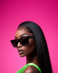 Extremely closed-up shot of a beautiful black woman with black long hair wearing black sunglasses and a brat green Mugler lace-up bodysuit