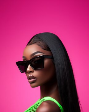 Extremely closed-up shot of a beautiful black woman with black long hair wearing black sunglasses and a brat green Mugler lace-up bodysuit