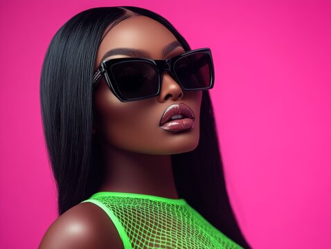 Extremely closed-up shot of a beautiful black woman with black long hair wearing black sunglasses and a brat green Mugler lace-up bodysuit