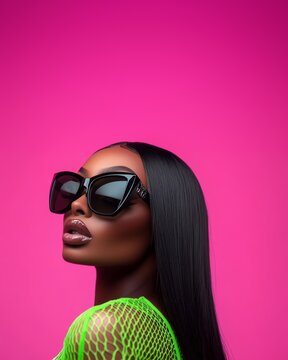 Extremely closed-up shot of a beautiful black woman with black long hair wearing black sunglasses and a brat green Mugler lace-up bodysuit
