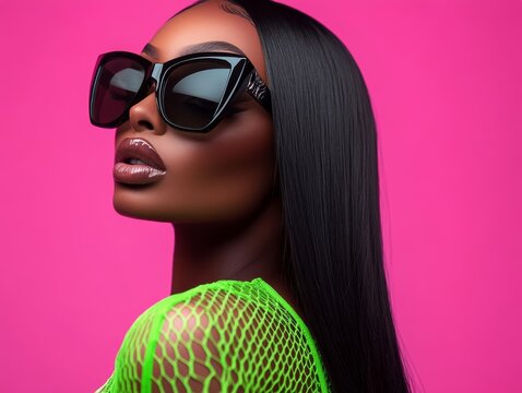 Extremely closed-up shot of a beautiful black woman with black long hair wearing black sunglasses and a brat green Mugler lace-up bodysuit
