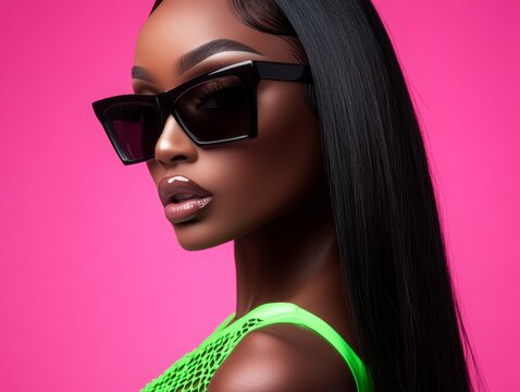Extremely closed-up shot of a beautiful black woman with black long hair wearing black sunglasses and a brat green Mugler lace-up bodysuit