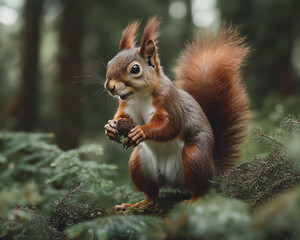 Fototapeta premium A Nimble Squirrel Scampering in a Tall Dense Forest: Capturing Wildlife's Playful Essence