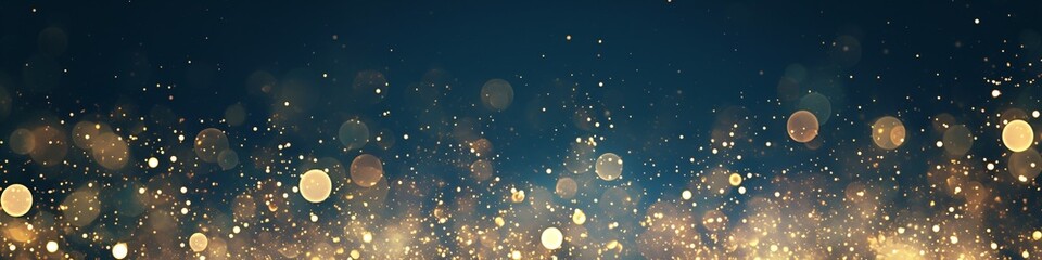 Fototapeta premium Abstract shining golden glitter lights on dark blue background. Circle blurred bokeh. Christmas, New Year, party, holiday or birthday. Festive banner for design with copy space